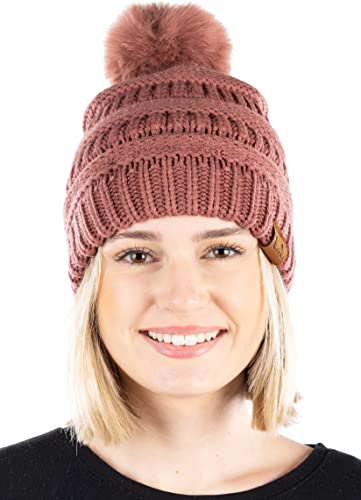 Ribbed Cable Knit Matching Faux Fur Pom Beanie