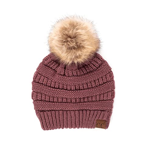 Ribbed Cable Knit Natural Faux Fur Pom Beanie