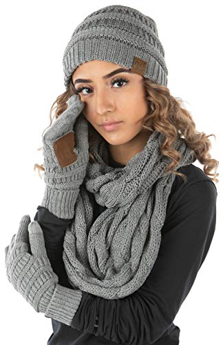Solid Matching Infinity Scarf, Cable Knit Beanie & Gloves Set by Funky Junque