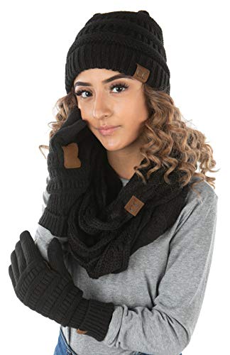 Solid Matching Infinity Scarf, Cable Knit Beanie & Gloves Set by Funky Junque
