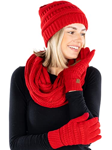 Solid Matching Infinity Scarf, Cable Knit Beanie & Gloves Set by Funky Junque