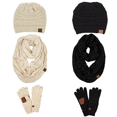 Solid Matching Infinity Scarf, Cable Knit Beanie & Gloves Set by Funky Junque