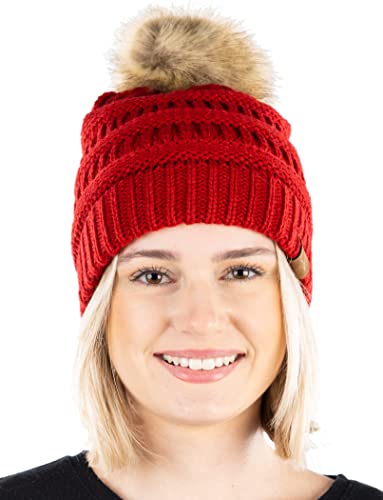 Ribbed Cable Knit Natural Faux Fur Pom Beanie