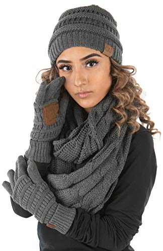 Solid Matching Infinity Scarf, Cable Knit Beanie & Gloves Set by Funky Junque