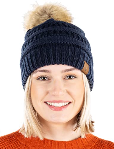 Ribbed Cable Knit Natural Faux Fur Pom Beanie