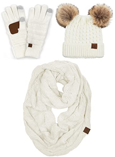 Double Pom Beanie, Infinity Scarf & Gloves Matching Set
