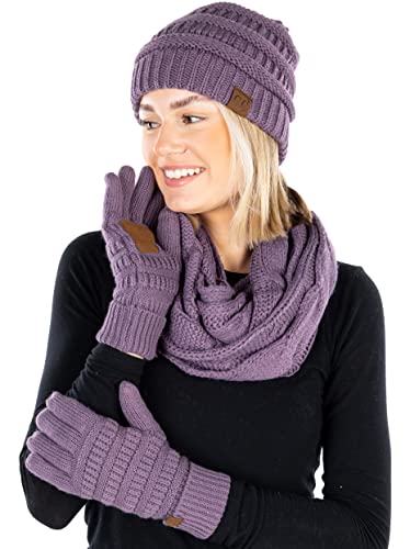 Solid Matching Infinity Scarf, Cable Knit Beanie & Gloves Set by Funky Junque