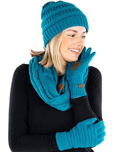 Solid Matching Infinity Scarf, Cable Knit Beanie & Gloves Set by Funky Junque