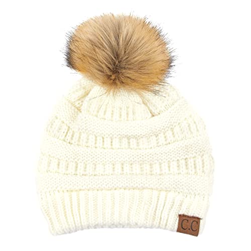 Ribbed Cable Knit Natural Faux Fur Pom Beanie