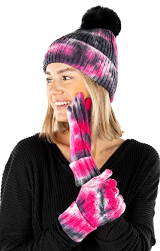 Tie Dye Pom Beanie & Matching Gloves Set by Funky Junque