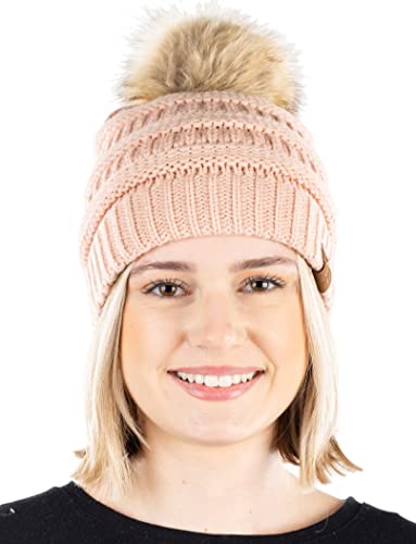 Ribbed Cable Knit Natural Faux Fur Pom Beanie