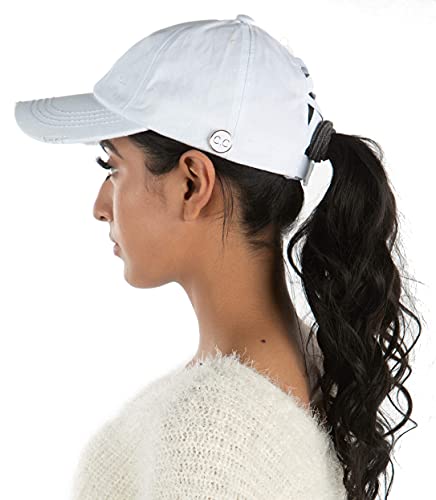 Solid Side Button Criss Cross Ponytail Hat by Funky Junque