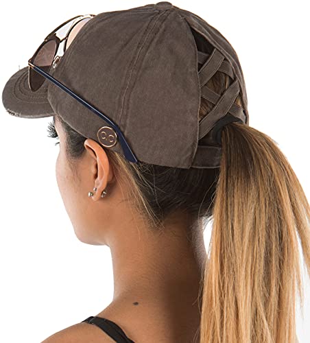 Solid Side Button Criss Cross Ponytail Hat by Funky Junque