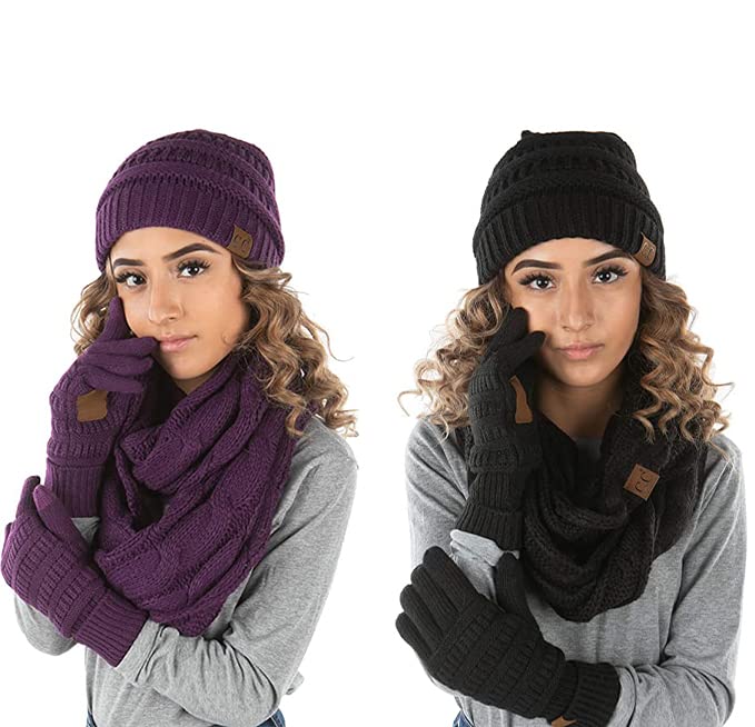 Solid Matching Infinity Scarf, Cable Knit Beanie & Gloves Set by Funky Junque