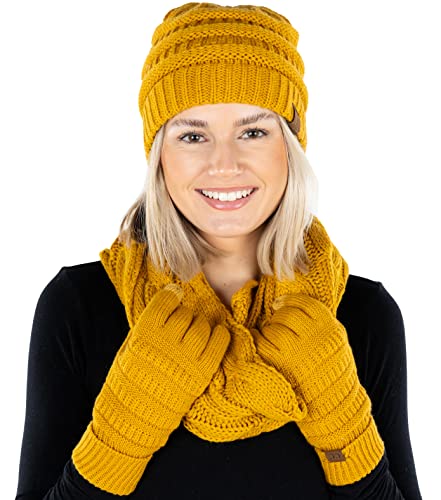 Solid Matching Infinity Scarf, Cable Knit Beanie & Gloves Set by Funky Junque