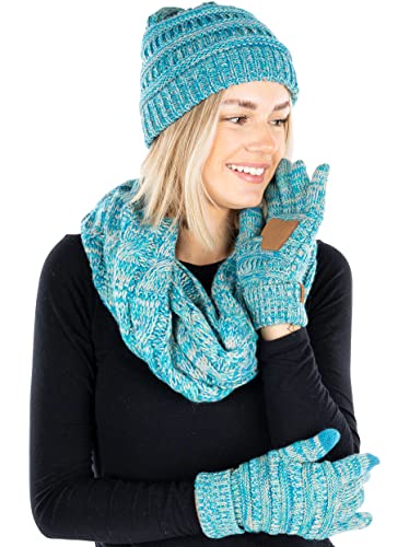 Multicolor Matching Infinity Scarf, Cable Knit Beanie & Gloves Set by Funky Junque