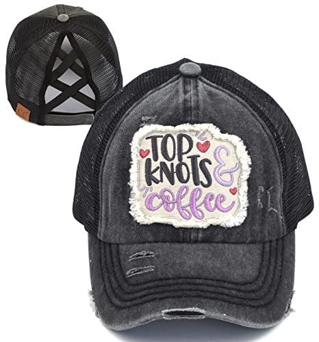 Top Knots and Coffee Criss Cross Ponytail Hat by Funky Junque