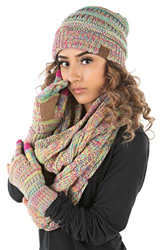 Multicolor Matching Infinity Scarf, Cable Knit Beanie & Gloves Set by Funky Junque