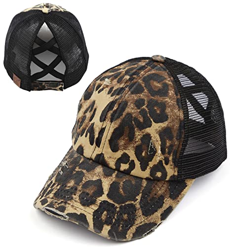 Leopard Criss Cross Ponytail Hat by Funky Junque