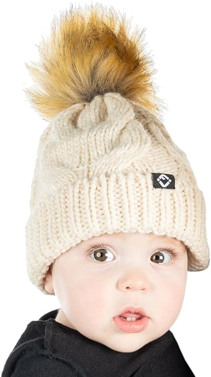 Baby Cable Knit Fleece Lined Pom Beanie by Funky Junque