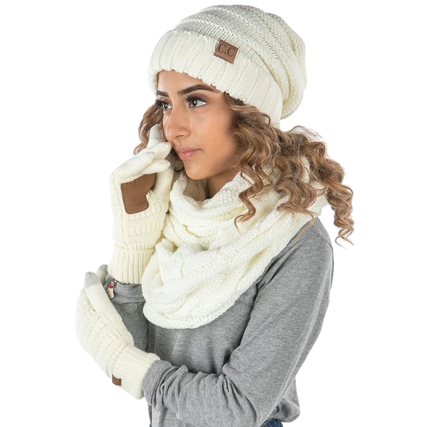 Matching 3 Pack: Oversized Beanie, Infinity Scarf & Gloves Set