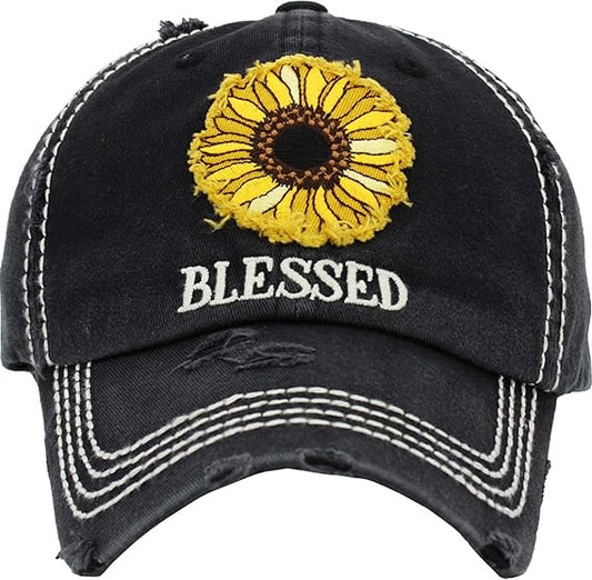 Blessed (Sunflower) Distressed Patch Hat by Funky Junque