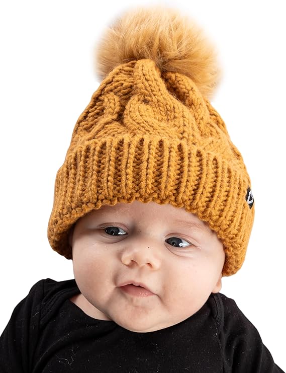 Baby Cable Knit Fleece Lined Pom Beanie by Funky Junque