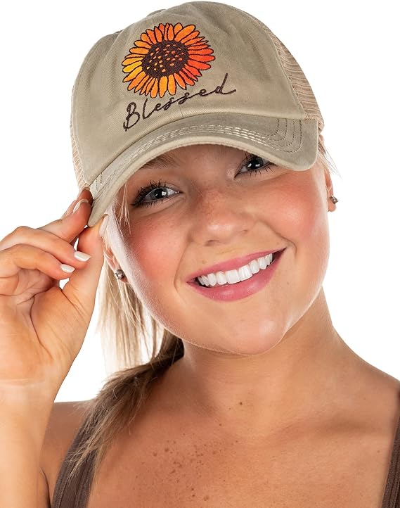 Blessed (Sunflower) Criss Cross Ponytail Hat by Funky Junque
