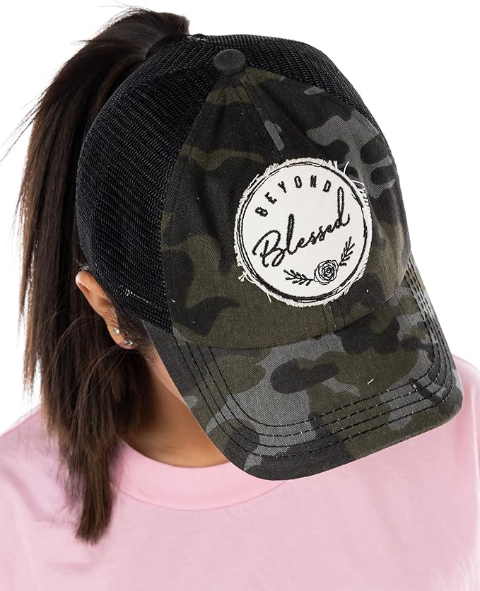 Beyond Blessed Criss Cross Saying Ponytail Hat by Funky Junque