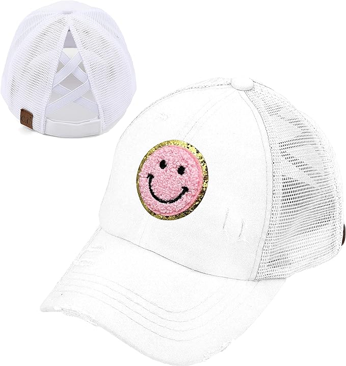 Smiley Face Patch Criss Cross Ponytail Hat by Funky Junque