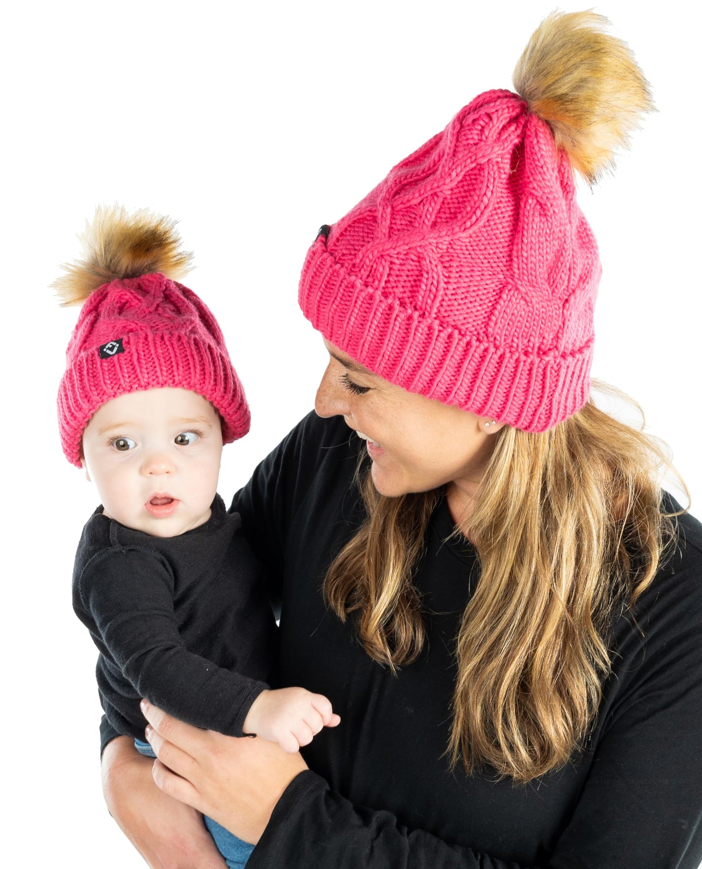 Mommy and Me - Cable Knit Faux Fur Pom Beanie (Adult/Toddler/Infant)