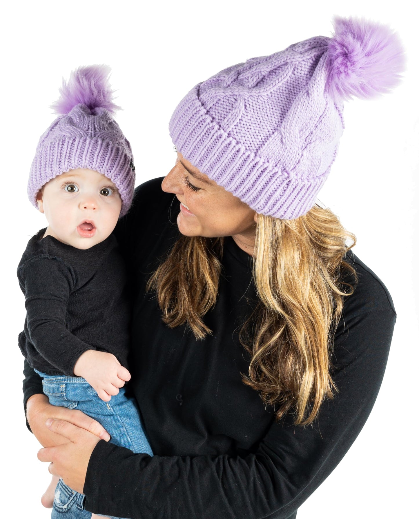 Mommy and Me - Cable Knit Faux Fur Pom Beanie (Adult/Toddler/Infant)