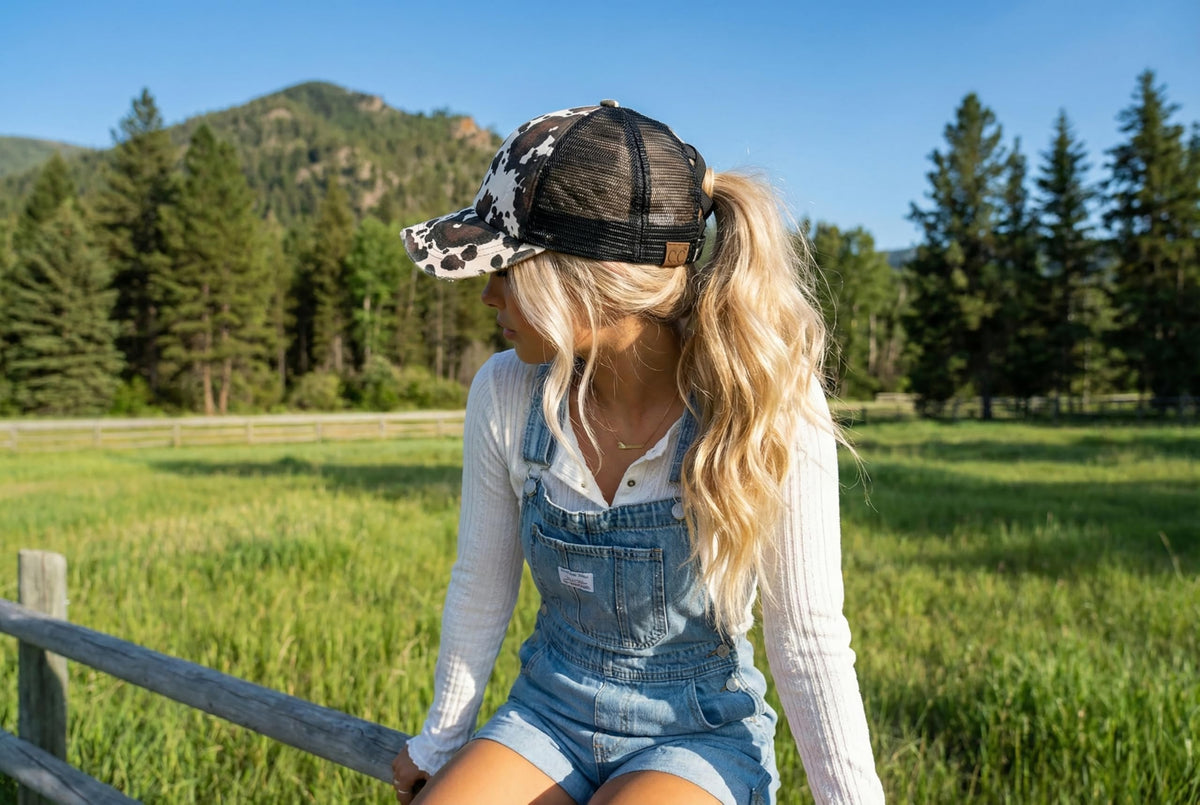 Cow Print Criss Cross Ponytail Cap