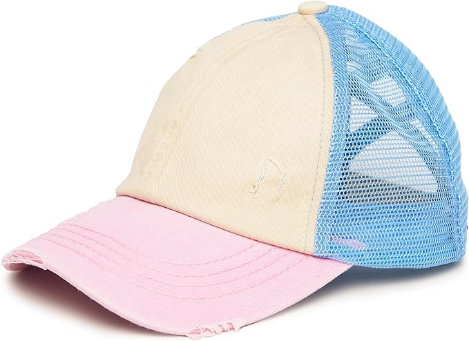 Funky Junque 3 Tone Criss Cross Ponytail Hat - Beige/Light Pink/Light Blue