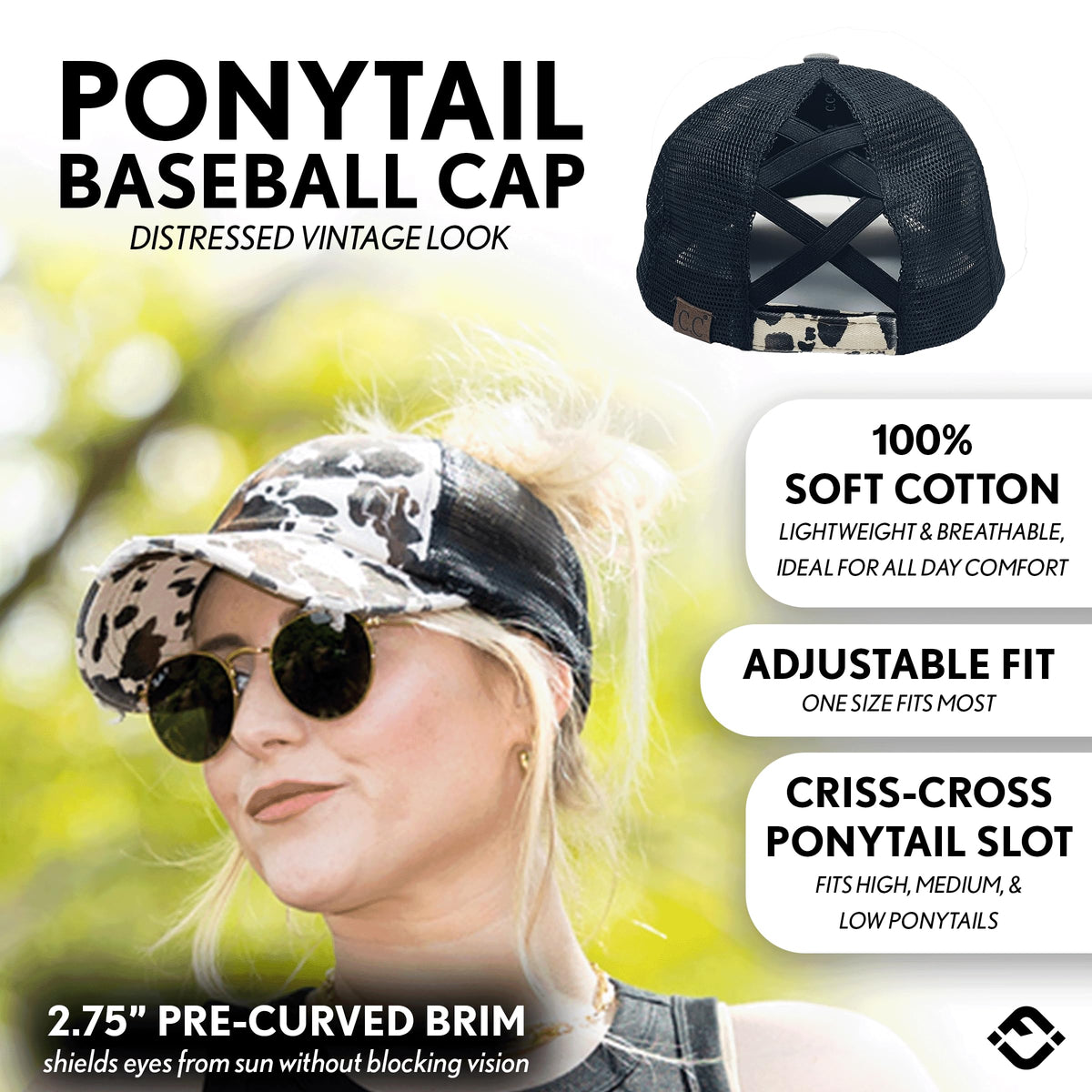 Cow Print Criss Cross Ponytail Cap