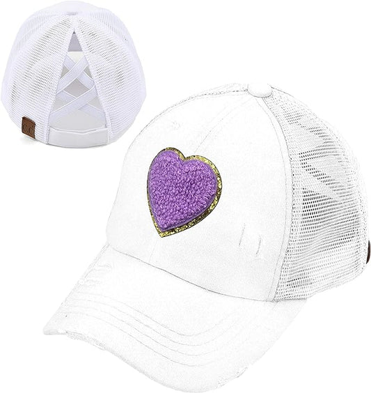 Heart Patch Criss Cross Ponytail Hat by Funky Junque