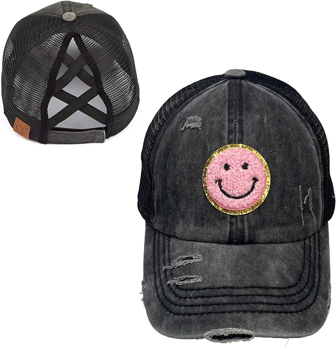 Smiley Face Patch Criss Cross Ponytail Hat by Funky Junque