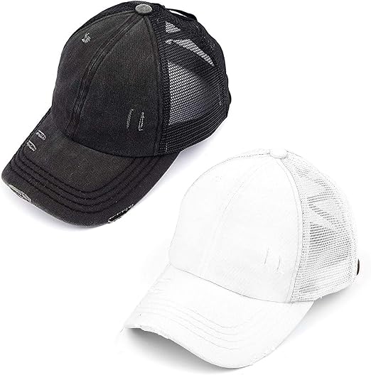 Funky Junque Criss Cross Hat Womens Baseball Cap Distressed Ponytail Messy Bun Trucker Ponycap
