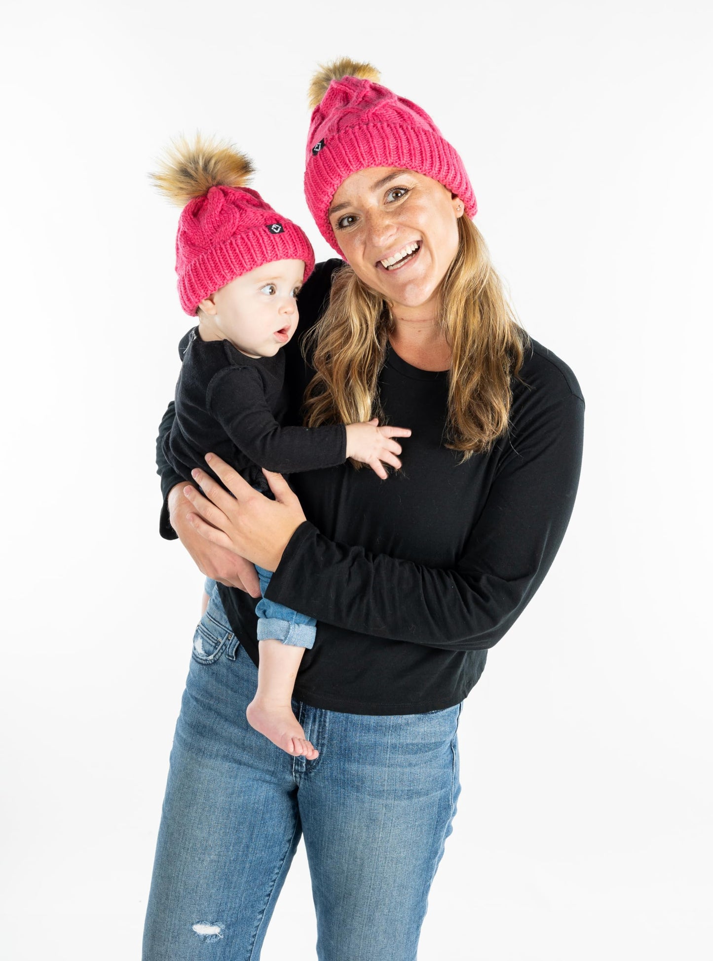 Mommy and Me - Cable Knit Faux Fur Pom Beanie (Adult/Toddler/Infant)