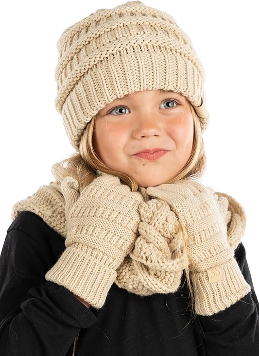 Kids 3 Pack Matching Set: Beanie, Infinity Scarf & Gloves - Beige