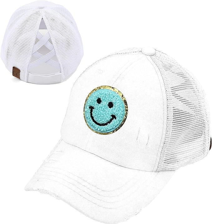 Smiley Face Patch Criss Cross Ponytail Hat by Funky Junque