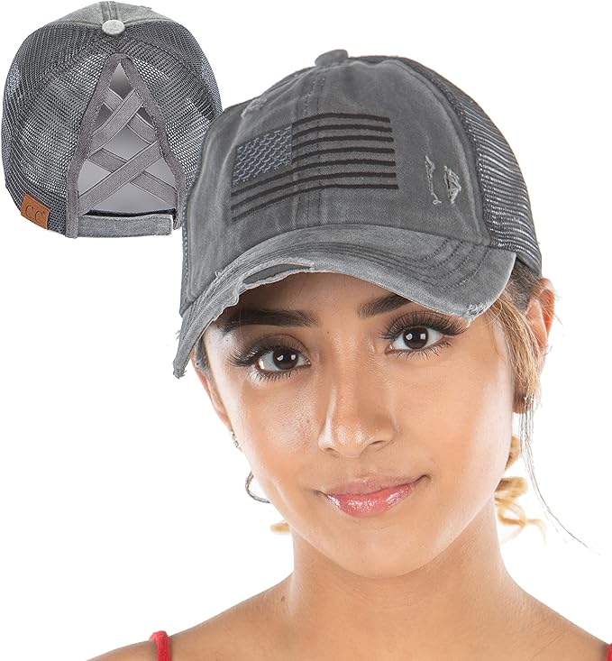 American Flag Criss Cross Ponytail Hat by Funky Junque
