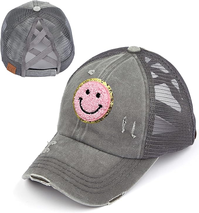 Smiley Face Patch Criss Cross Ponytail Hat by Funky Junque