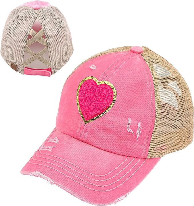 Heart Patch Criss Cross Ponytail Hat by Funky Junque