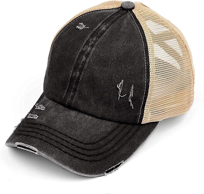Funky Junque Criss Cross Ponytail Hat 2-Pack - Distressed Baseball Cap With Bun Hole, White & Grey