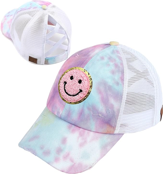 Smiley Face Patch Criss Cross Ponytail Hat by Funky Junque
