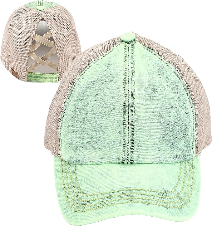 Stone Washed Criss Cross Ponytail Hat by Funky Junque