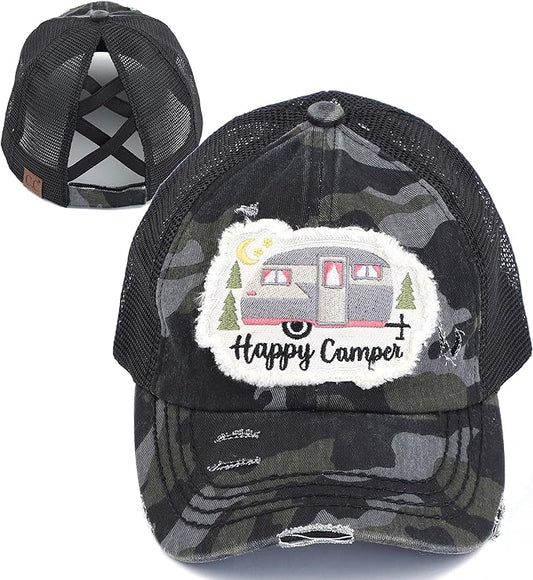 Happy Camper Criss Cross Saying Ponytail Hat by Funky Junque