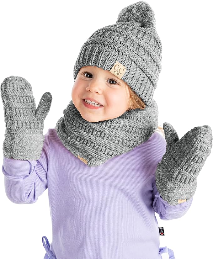 Kids Matching Pom Beanie, Neck Warmer & Mittens Set by Funky Junque