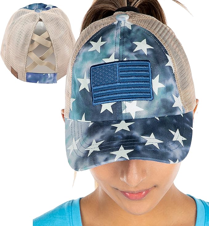 American Flag Criss Cross Ponytail Hat by Funky Junque